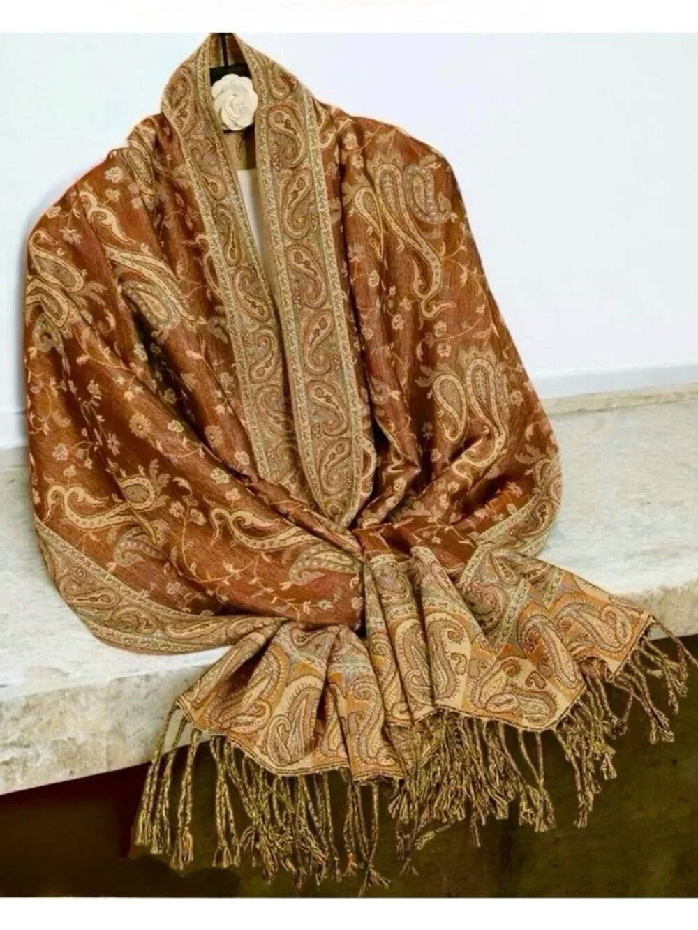 New Large Paisley Scarf Wrap Pashmina Brown Cream Fringe Classic